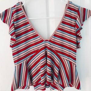 multicolored striped deep v-neck peplum crop top